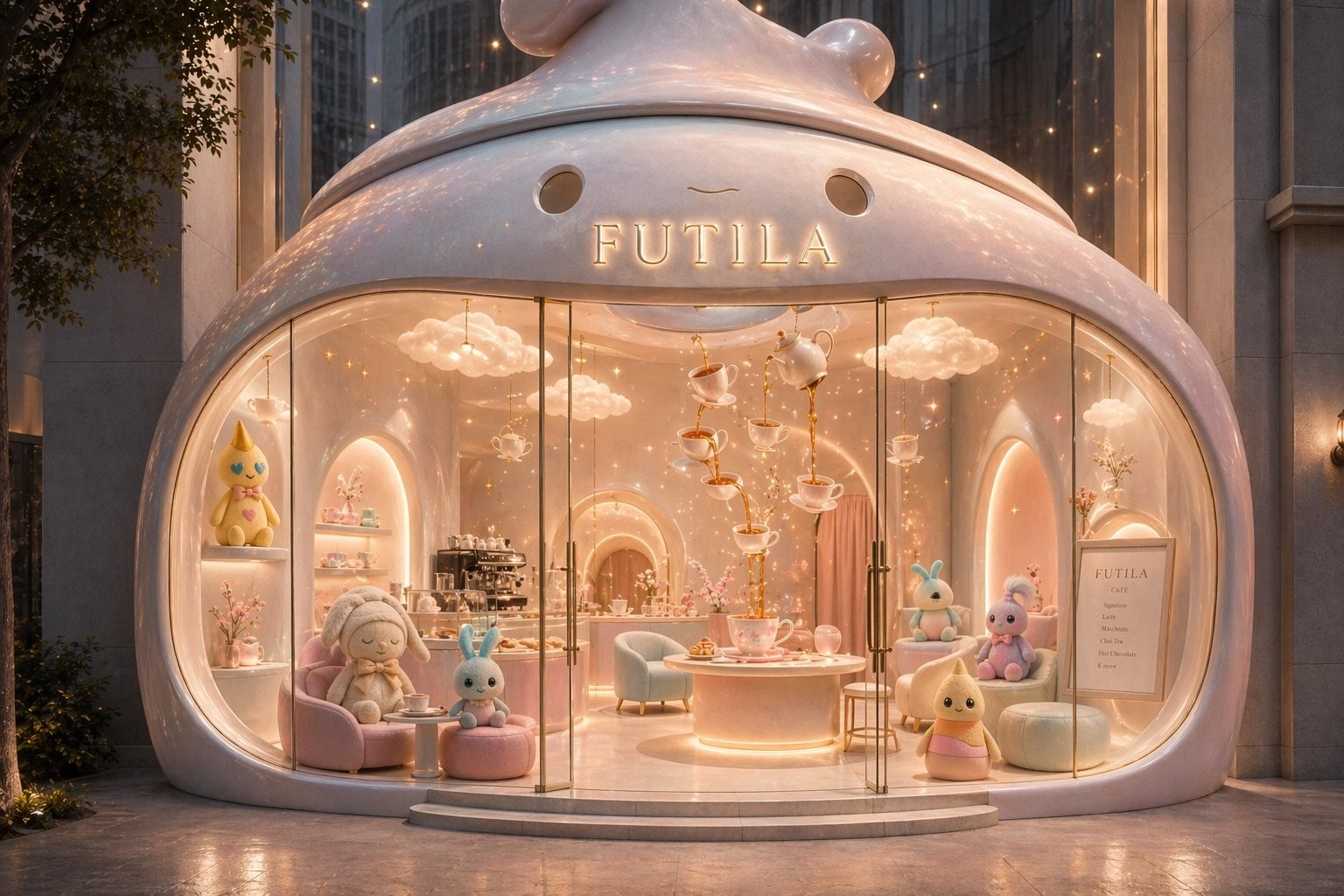 El café FUTILA del Mundo Mágico de Baby Futi: una vitrina redonda y luminosa donde Baby Futi y sus amigos toman el té entre nubes y tazas flotantes.
